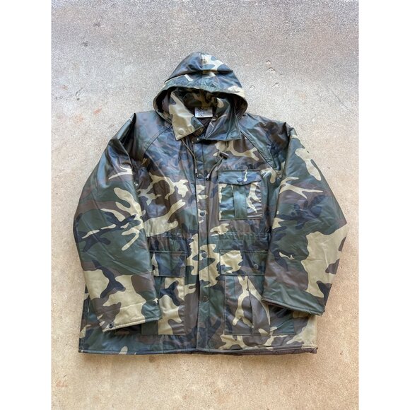 Vintage Duck Bay PVC Camo Hooded Jacket Waterproof Size M Outdoor Hunting Coat - Picture 1 of 5